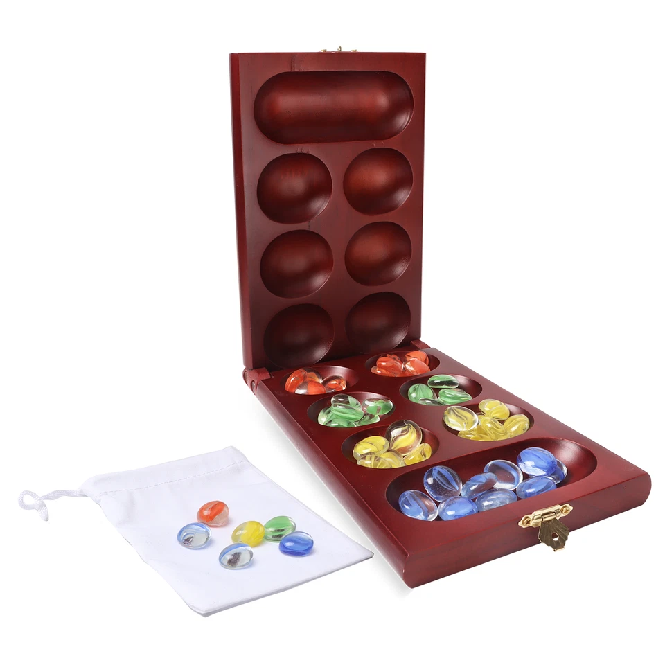 Classic Folding Mancala Board Game with Glass Beads/Stones. Family Strategy Game