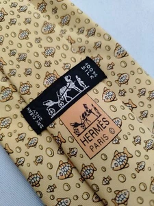 Hermes Paris 5035 PA Silk Designer Necktie Bubble Fish Pattern On Yellow Men Tie - Picture 1 of 13