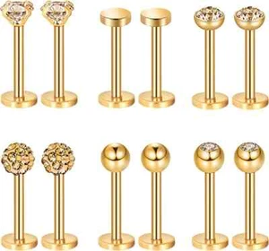 6 Pairs Nose Studs Tragus Earrings Lip Rings Diamond Stainless Steel Labret Bars - Picture 1 of 6