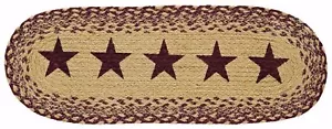 24" L Braided Country Farmhouse Jute Table Runner Oval Tan w/ Burgundy Red Stars - Picture 1 of 4