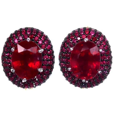 Heated Gemstone 7 x 9 Red Ruby Earrings 925 Sterling Silver White Gold Plated - Image 1 of 4