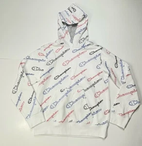 Champion Kids Boy's Youth White Allover Logo Fleece Hoodie Size Large - Picture 1 of 12