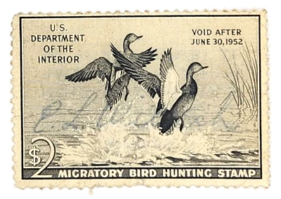 1951 SELO DE CAÇA DE PÁSSAROS MIGRATÓRIOS US$ 2 EUA Scott #RW18 Gadwall Geese EE - Imagem 1 de 3