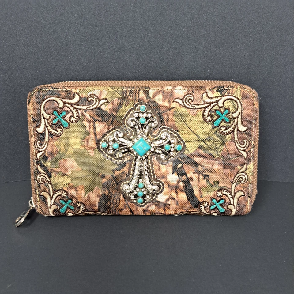 Montana West Brown Camo Leaves Embroidered Wallet Turquoise Colored Cross - Image 1 of 4