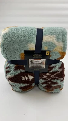 Pendleton King Blanket Avra Valley Teal 112x92 Soft Plush Sherpa Southwest Aztec - Image 1 of 4