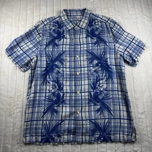 Camisa Tommy Bahama Para Hombre L Azul A Cuadros Seda Mezcla Lino Manga Corta Preppy Playa - Imagen 1 de 12