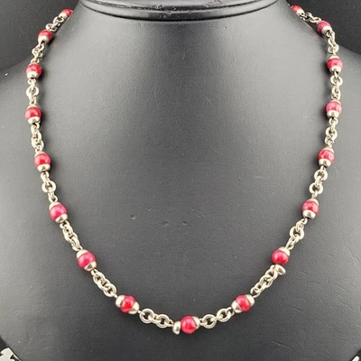 Collar Vintage Firmado México Teñido Coral Rojo Cuentas Plata de Ley 19" Foto 1 de 4