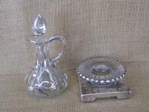 Vintage Silver Overlay Glass Cruet with Stopper 6” & Candle Stick Holder ~ EUC - Picture 1 of 15