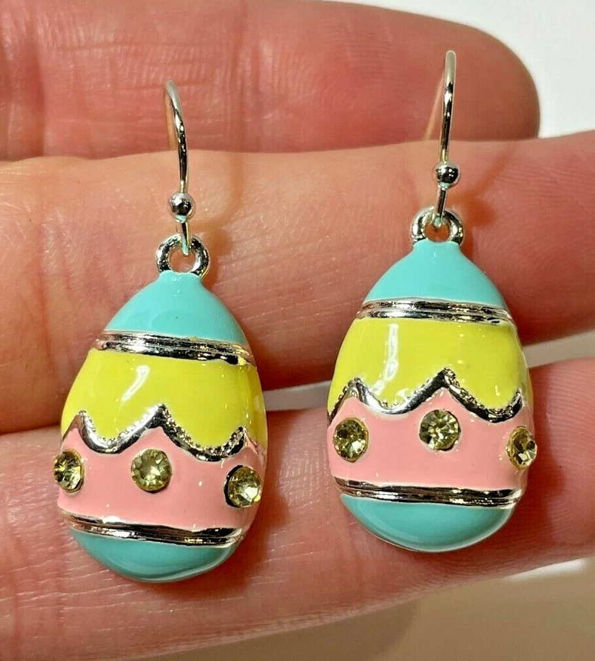 Nwt Rosa Pastello Giallo Smalto Strass Pasqua Uovo Argento Orecchini a Bottone - Immagine 1 di 4