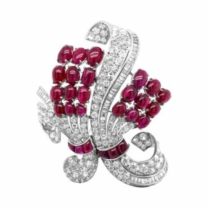 Cabochon 30.13CT Burmese Rubies & Fine Clear 11.32CT CZ Gorgeous Party Brooches - Picture 1 of 6