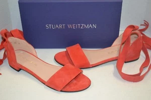 Stuart Weitzman Corbata PIMENTO RED SUEDE 7 M Lace Up Flat Sandals $395 SPAIN - Picture 1 of 12