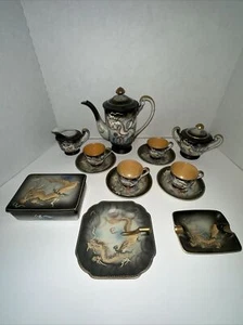 Vintage Japanese Moriage Dragonware Demitasse Tea Set Lithophane Geishaware - Picture 1 of 14