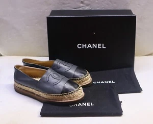 Chanel Gray & Black Lambskin Leather CC Logo Espadrilles Size 36 - Picture 1 of 13