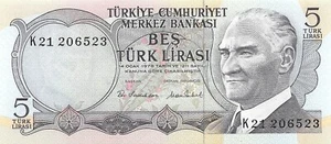 Turkey 5 Lira ND. 8.1.1968 Series K 21 Uncirculated Banknote SF 15 - Picture 1 of 2