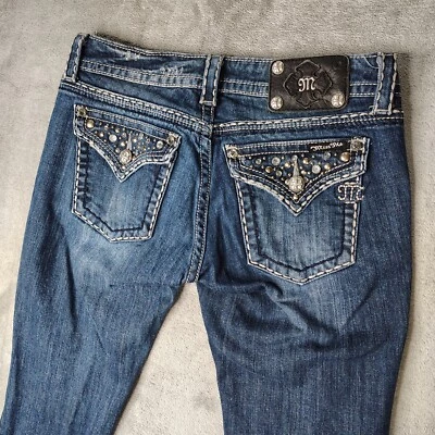 Pantalones de mezclilla Miss Me para mujer 29 azul solapa bolsillo pedrería bling corte bota occidental Foto 1 de 4