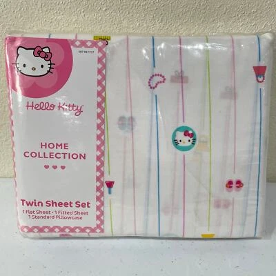 Vintage Y2k Hello Kitty Twin Sheet Set Flat Fitted & Pillowcase Mod Shopper NEW - Image 1 of 4