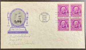 861 Ioor cachet Ralph Waldo Emerson Famous American Authors FDC w/Block of 4 - Picture 1 of 2