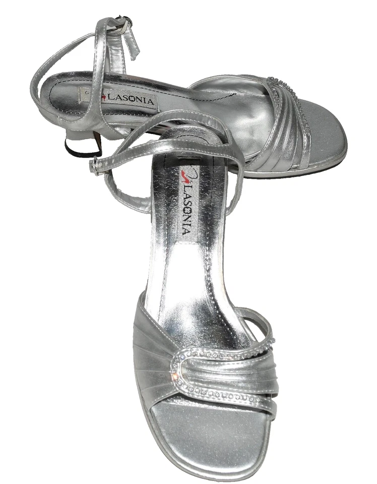 Lasonia Silver Metallic Rhinestone Ankle Strap Womens Sandal Heels Size 8.5  - Image 1 of 4
