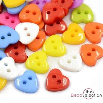 THEBEADSELECTION 65+ ACRYLIC HEART BUTTONS 12mm 2 HOLE 10 COLOUR CHOICE