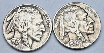 1936-P & 1937-P Buffalo Nickel US 5c ~  Higher Grades ~ Both Coins ~ Nice! ~ M60 - Image 1 of 4