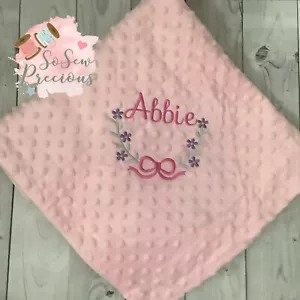 Personalised baby blanket, minky bobble, embroidered, bow, choice of colour - Picture 1 of 1