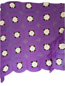Vintage 3D Double Sided Rose Crochet Afghan Blanket Throw Purple Granny Square - Picture 1 of 4