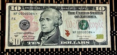 ⚜️⚜️2017 $10 Low Fancy Serial No. NF00000384* & Low Star Note Print Run 128K - Image 1 of 4