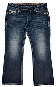 VTG Rock Revival 42 X 33 Jeans Damont Destroyed Pockets Leather Inserts Boot Cut - Picture 1 of 22