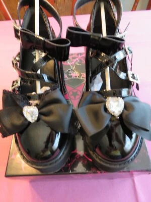 Devil Inspired Black Rhinestone Bowknot Jirai Kei Platform High Heels, Size 39 - Image 1 of 4