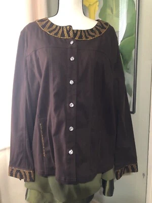 Quacker Factory Jacket Animal Print Rhinestone Button Pocket Brown Womens XL - Image 1 of 4