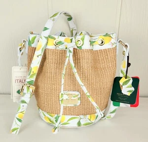 Valentina Raffia Lemon Print Leather Trim Bucket Crossbody Made In Italy NWT - Picture 1 of 21