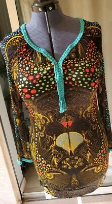 CUSTO BARCELONA Colorful Art-to-Wear Dress Long Bell Sleeves Y2K braided Detail - Image 1 of 4