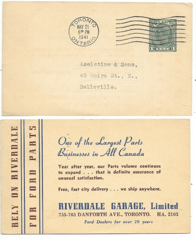 Riverdale Garage Toronto Ontario Advertising Stationary Post Card Circa 1941 - Image 1 of 3