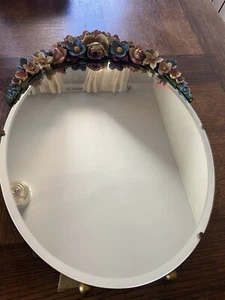 17" Antique 1920s English Barbola Hand Painted Floral Vanity Mirror Easel Back - Picture 1 of 13