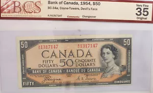 Canada 1954 $50 Devils Face Bank Note Coyne Towers BC-34a VF-35 BCS Certified - Picture 1 of 2