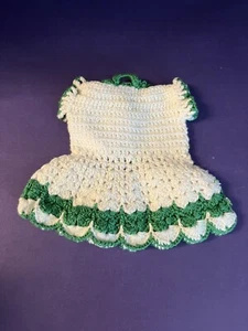 Vintage Hand Crocheted Cotton Green & Cream Colored Little Dress Pot Holder - Picture 1 of 2