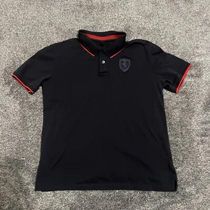 Offial Ferrari Polo Shirt Black With Red Strips Logo Patch Pre - Owned - Picture 1 of 11