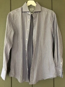 Brunello Cucinelli Slim Fit Button Up Shirt Men Size Medium M Purple White Plaid - Picture 1 of 9