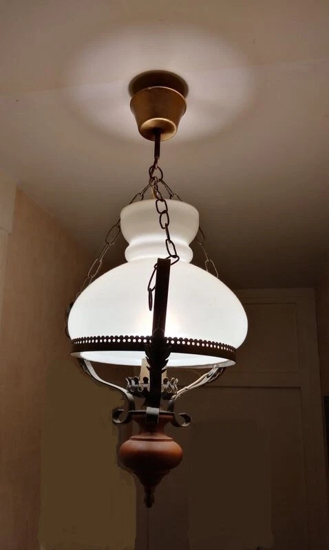 Lustre vintage bois et laiton - abat-jour verre blanchi - réglable - Photo 1/1
