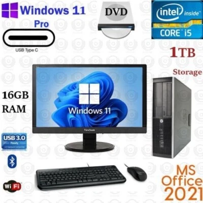 Windows 11 HP i5 3.2 ghz 1TB 16GB RAM  22" LCD WiFi Desktop Computer PC Office21 - Image 1 of 4