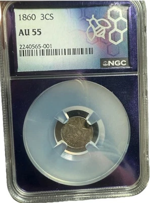 1860 3CS Three Cent Silver US Coin NGC AU 55 AU55 Traderbea Trader Bea Purple - Image 1 of 4
