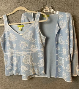 Sigrid Olsen Tank Top Sweater Set Womens M Blue White Floral Bow Flirty Feminine - Picture 1 of 16