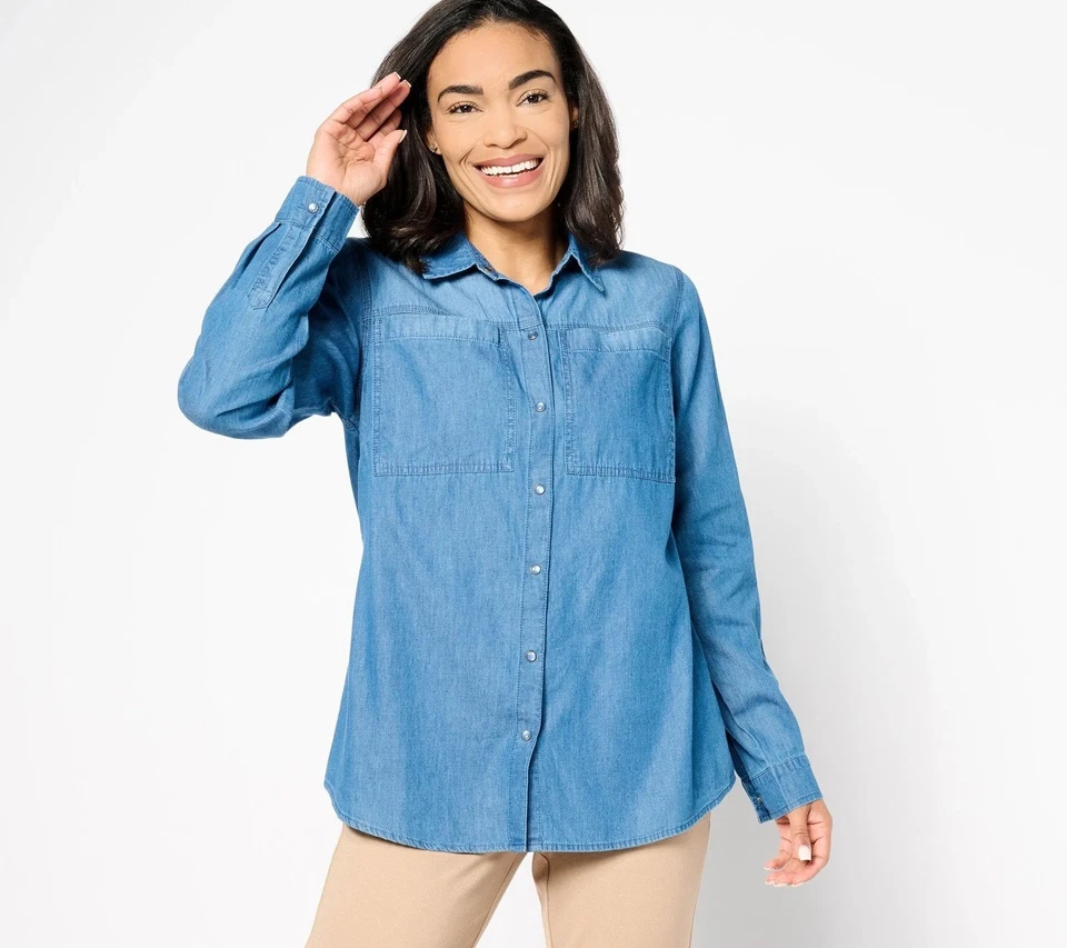 Camisa Joan Rivers Classics Collection algodão denim frente de pressão namorado média com - Imagem 1 de 1