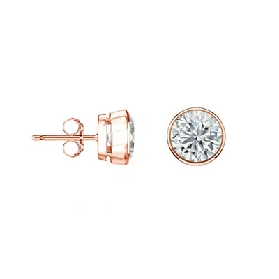 1/2 Ct Round Cut Created Diamond Earrings Studs Real 14K Rose Gold Bezel Push - Image 1 of 3