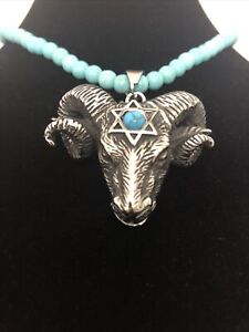 Pendant Necklace 18-22” Black Oxidized Stainless Steel Blue Howlite Goat Head