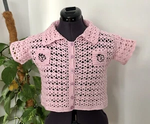 Crochet Ladies Crop Shirt. Collar. Pockets. Ladybirds. Short Sleeves. Size 4. - Picture 1 of 11