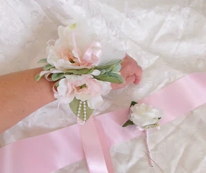 Wrist Corsage Boutonniere Men's Corsage Light Pink Silk White Piece USA SELLER - Picture 1 of 9