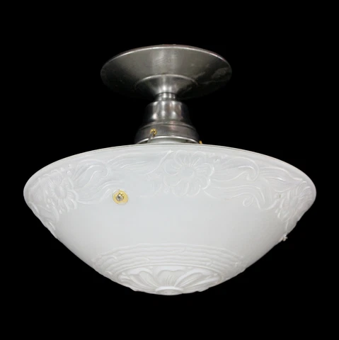 1940s White Floral Glass Dish Semi Flush Dome Light Cover