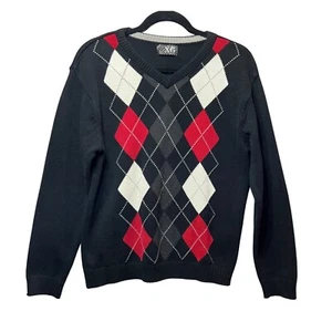 XG Argyle Sweater Boys XL Pullover V Neck Knitwear Black Red - Picture 1 of 5