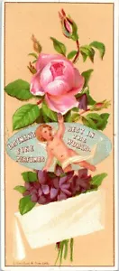 Segnalibro Eastman's Fine Perfume Trade Card Cherubino e Rosa Rosa T. Sinclair Lith - Foto 1 di 2